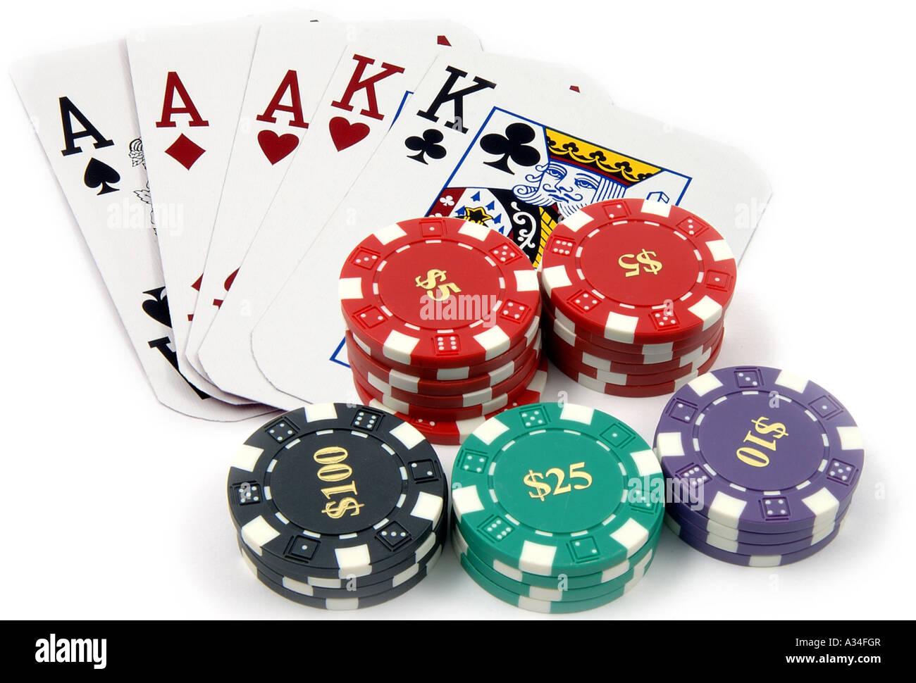 one of the highest poker hands, a full house, with a pile of chips