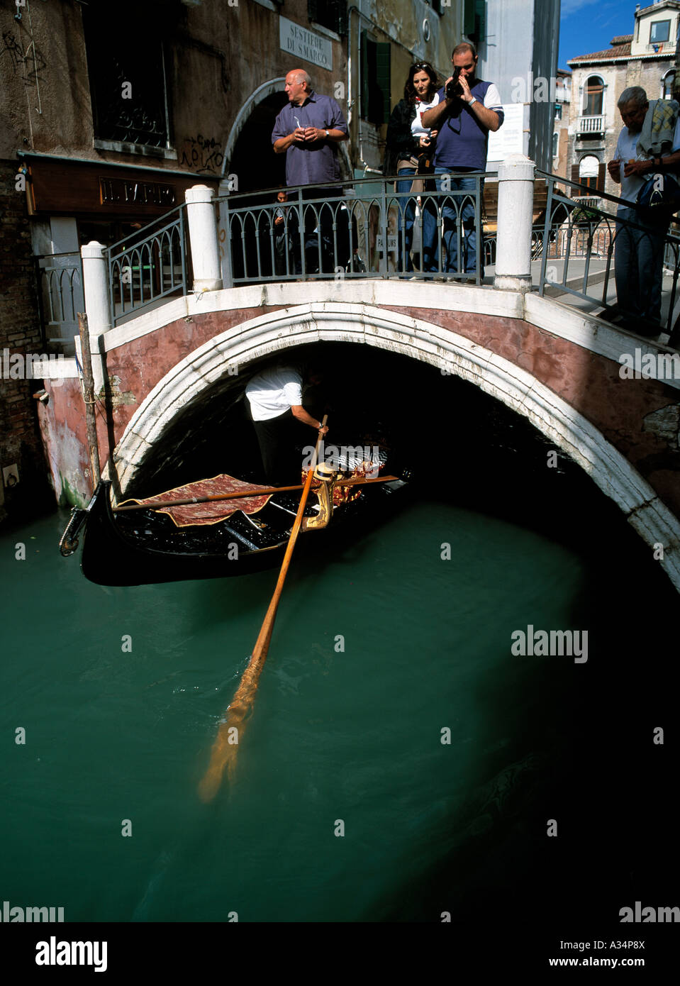 venetian gondola under one of the bridges in venice, Stock Photo