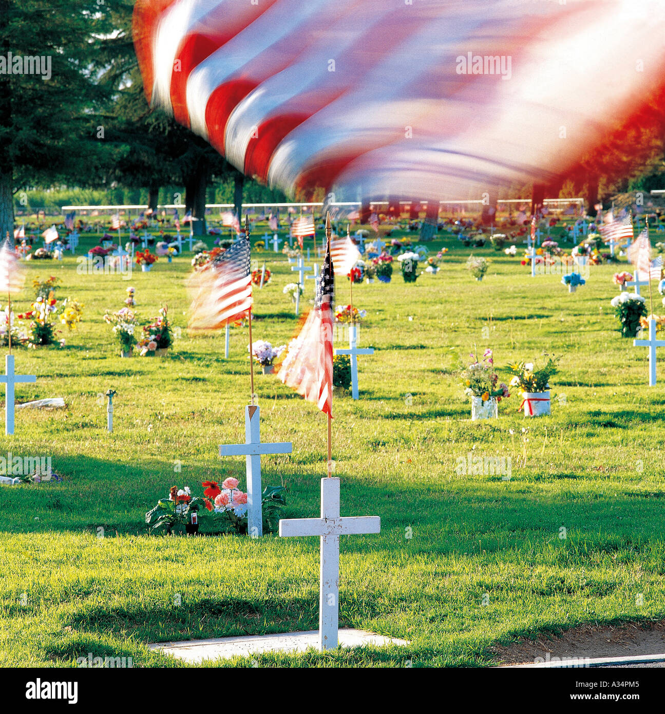 American national flag flying over the tombs Stock Photo