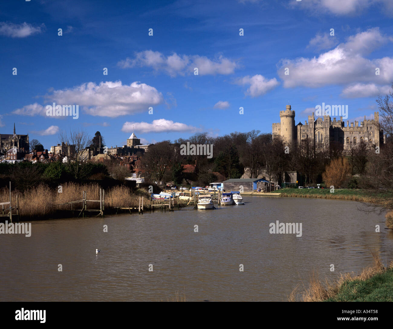 ARUNDEL TOWN and CASTLE from along the River Arun with the cathedral in view Arundel West Sussex England UK Stock Photo