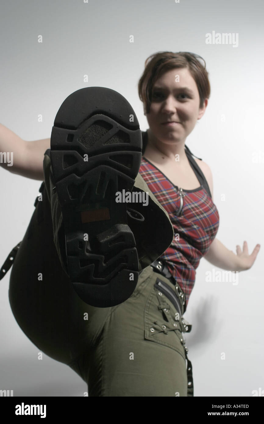 girl stomping into face of viewer Stock Photo Alamy
