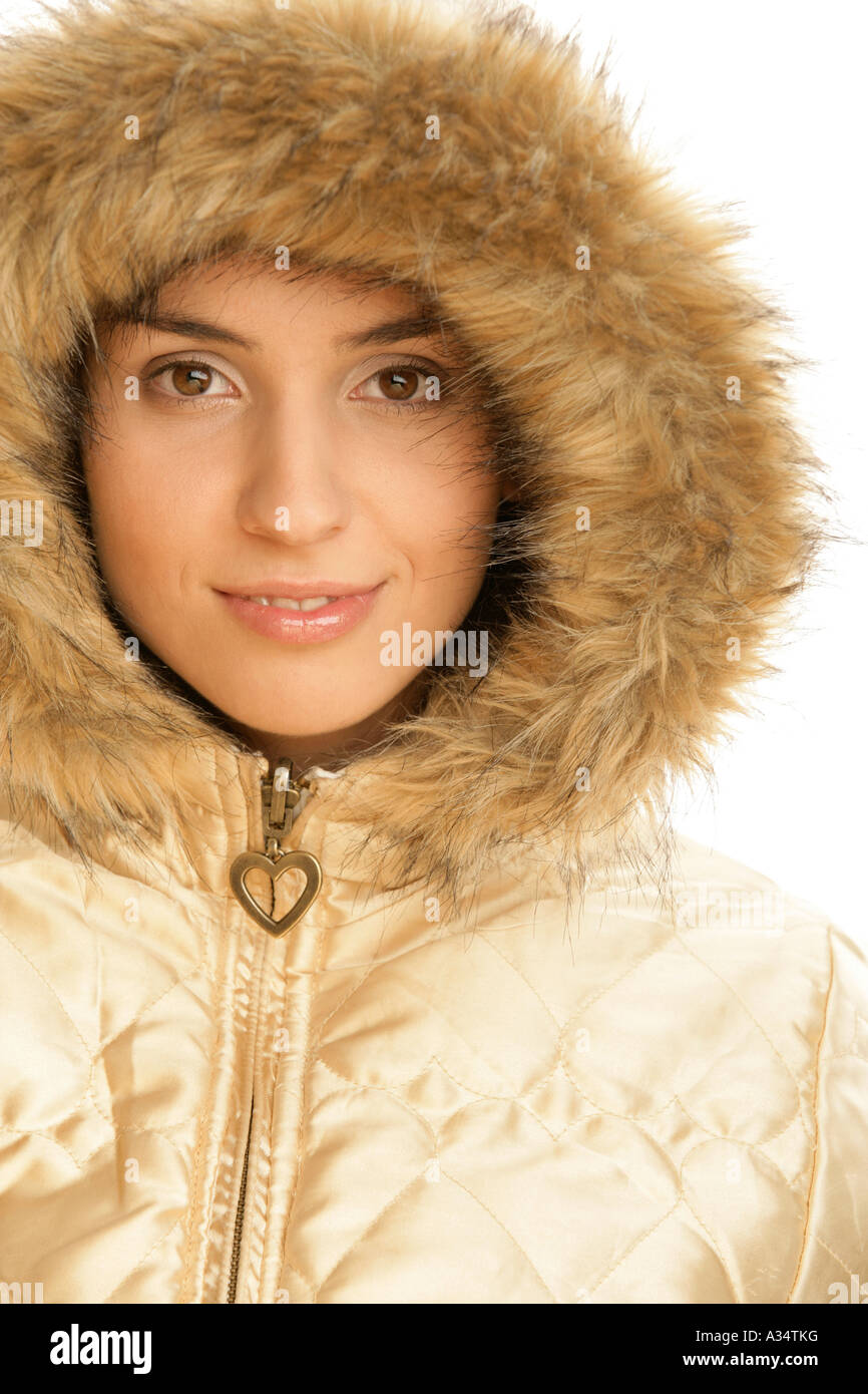 Portrait of woman wearing fur hood Stock Photo Alamy