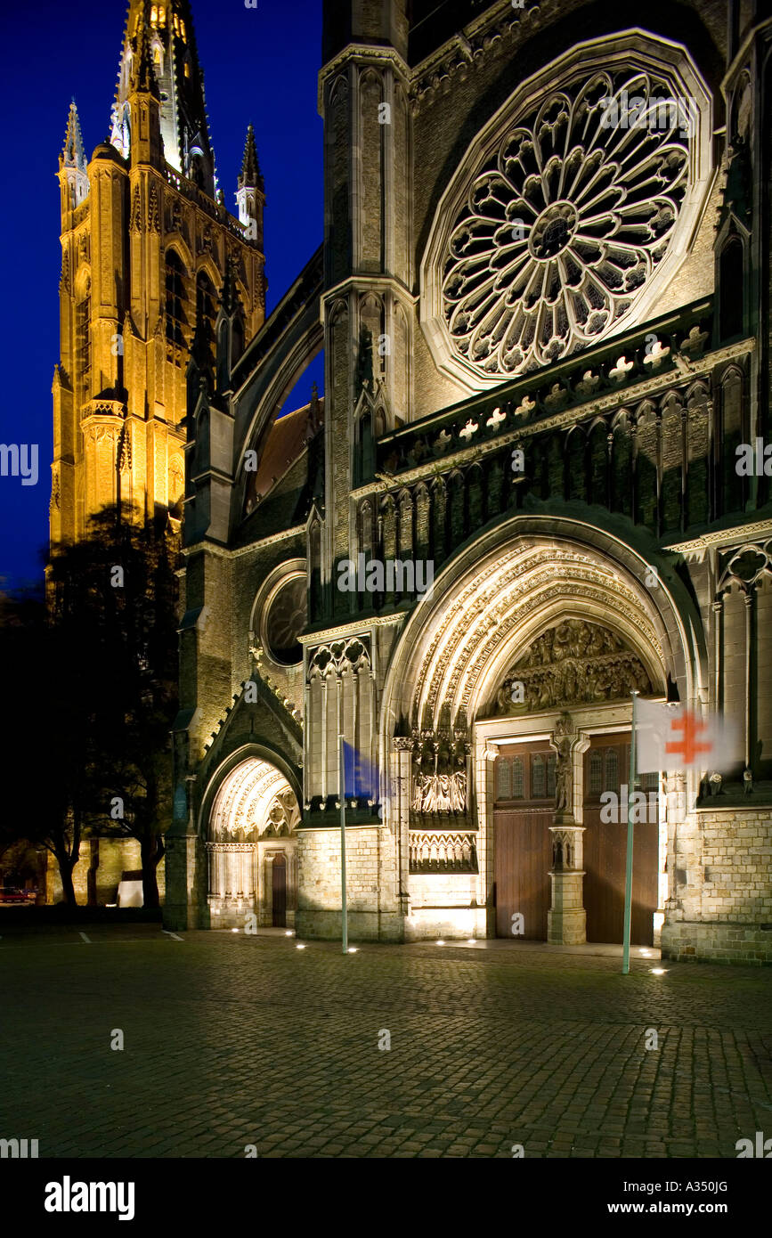 St Martins's Cathedral and Cloth Hall in Ypres Belgium at night Stock ...