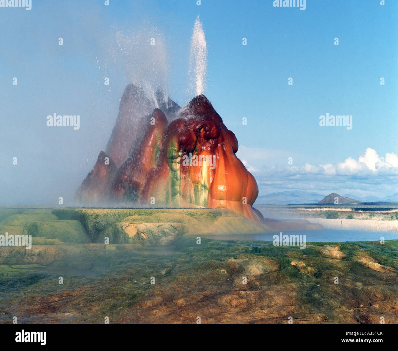 Mounds formed by the accumulation of minerals atop man made water geysers in Black Rock Desert Nevada Stock Photo