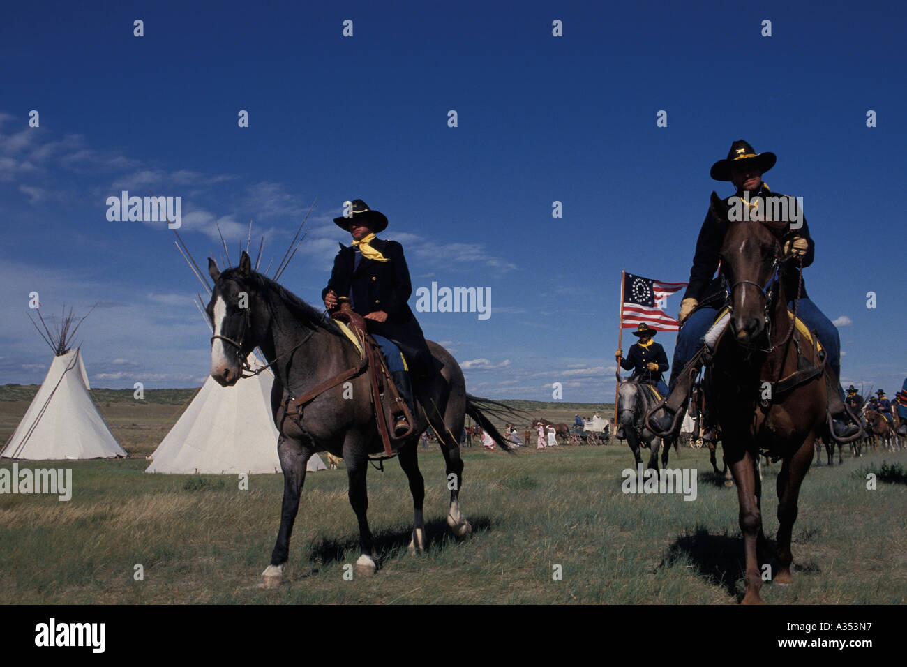 United States Cavalry horse patrol Little Bighorn battle reenactment Montana USA Stock Photo
