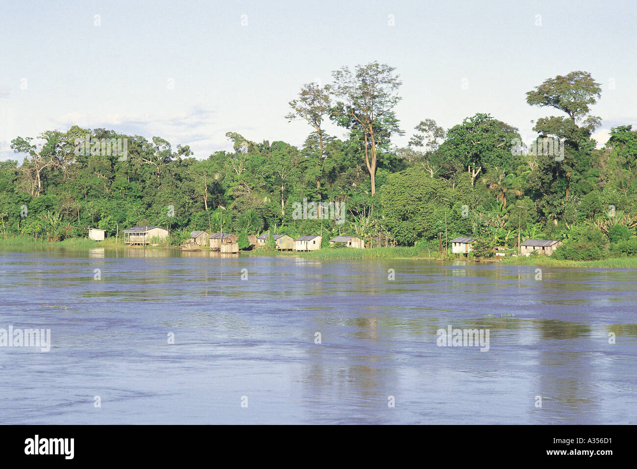 Amazon Brazil Riverside settlement of stilt houses with the rainforest