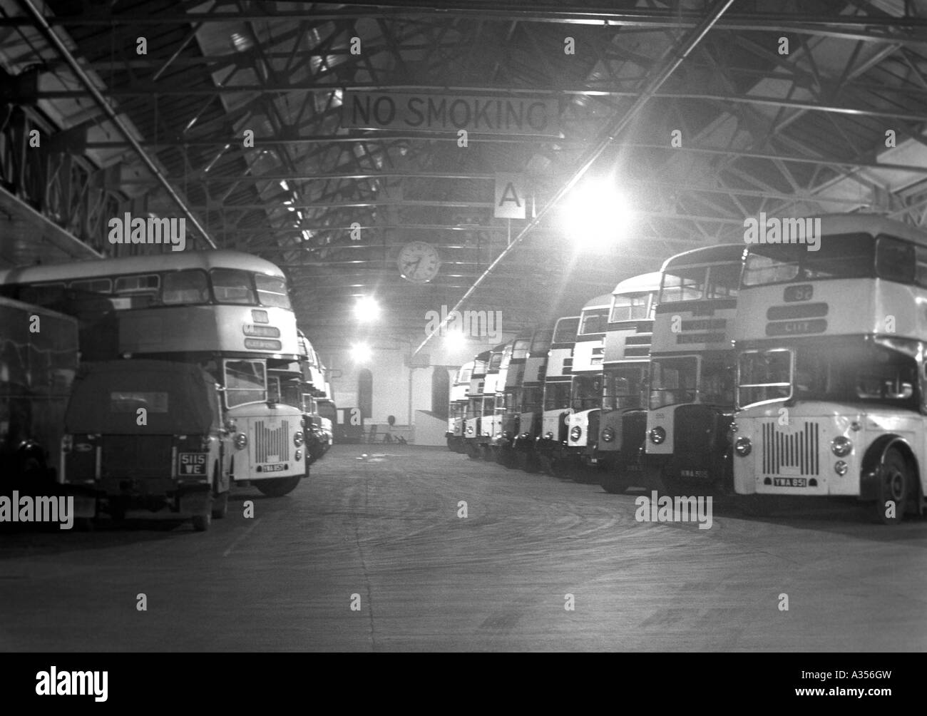 Buses parked in bus depot in yorkshire city of sheffield in the 1960's Stock Photo