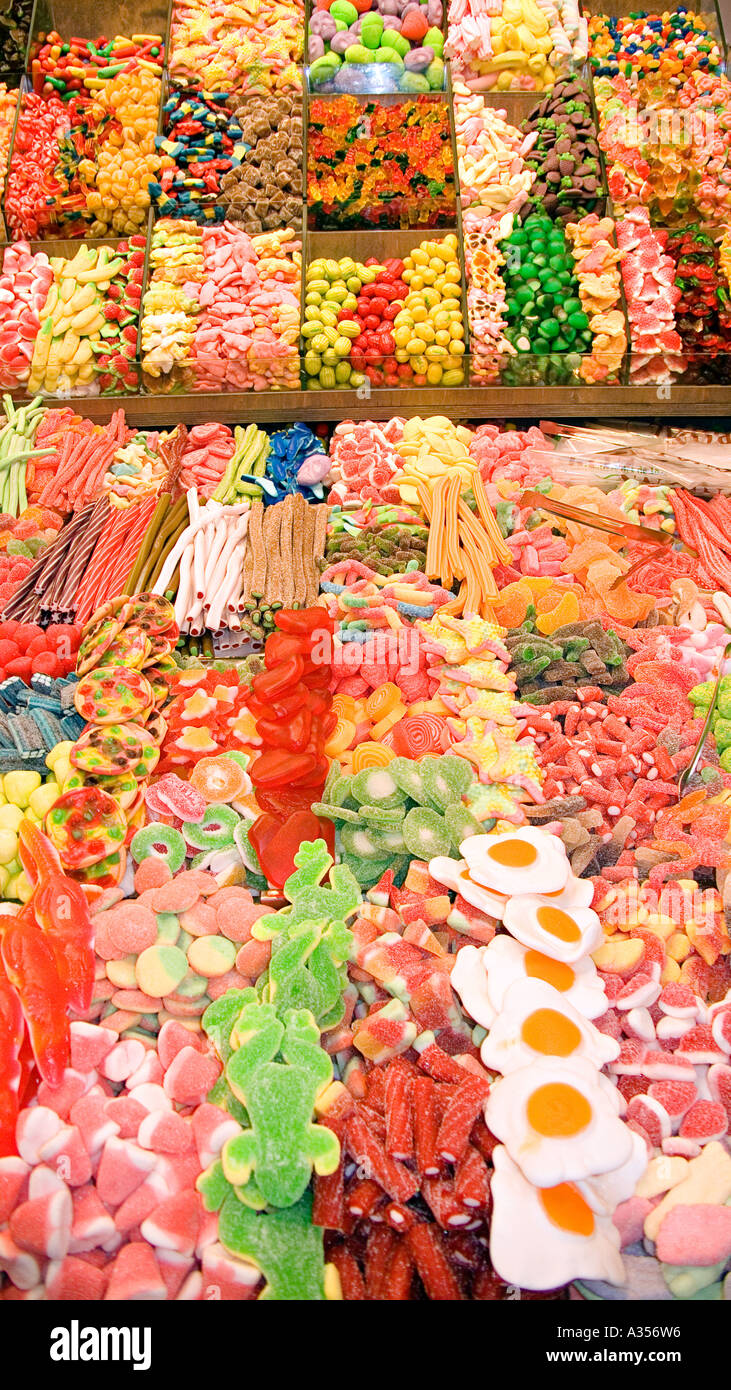 Selection of candy and sweets for sale at a food stall at Mercat de la