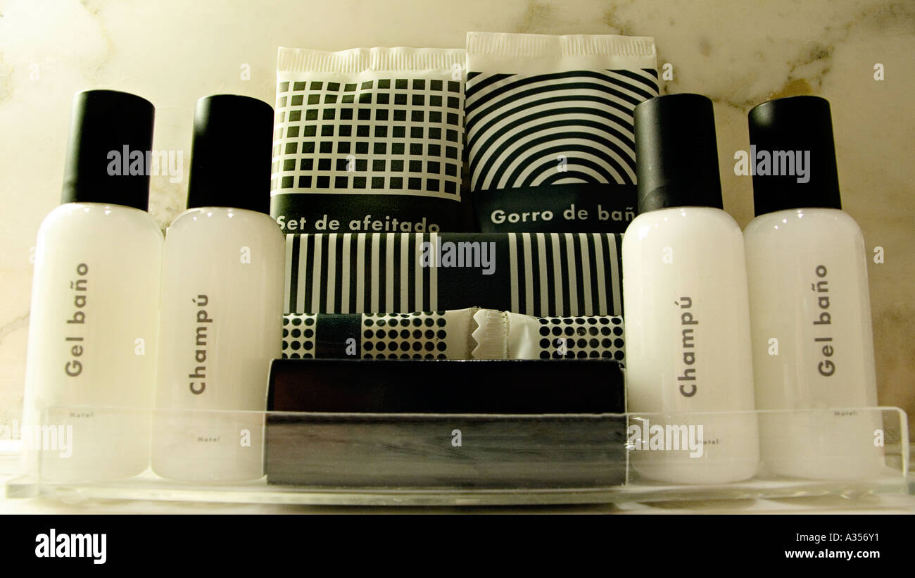 Packaged amenities in the bathroom of a 4 star hotel Barcelona Spain EUROPE Stock Photo