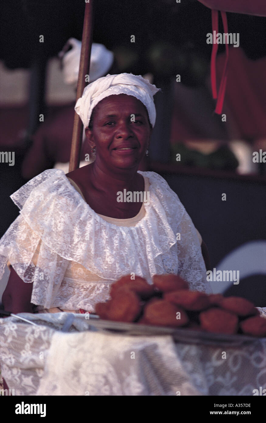 Bahia State Brazil Street vendor selling Acaraje fried bean flour and shrimp patties Stock Photo