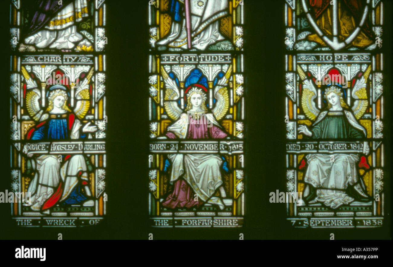 Grace Darling memorial stained glass window, St Aidan's Church, Bamburgh, Northumberland, England, UK. Stock Photo