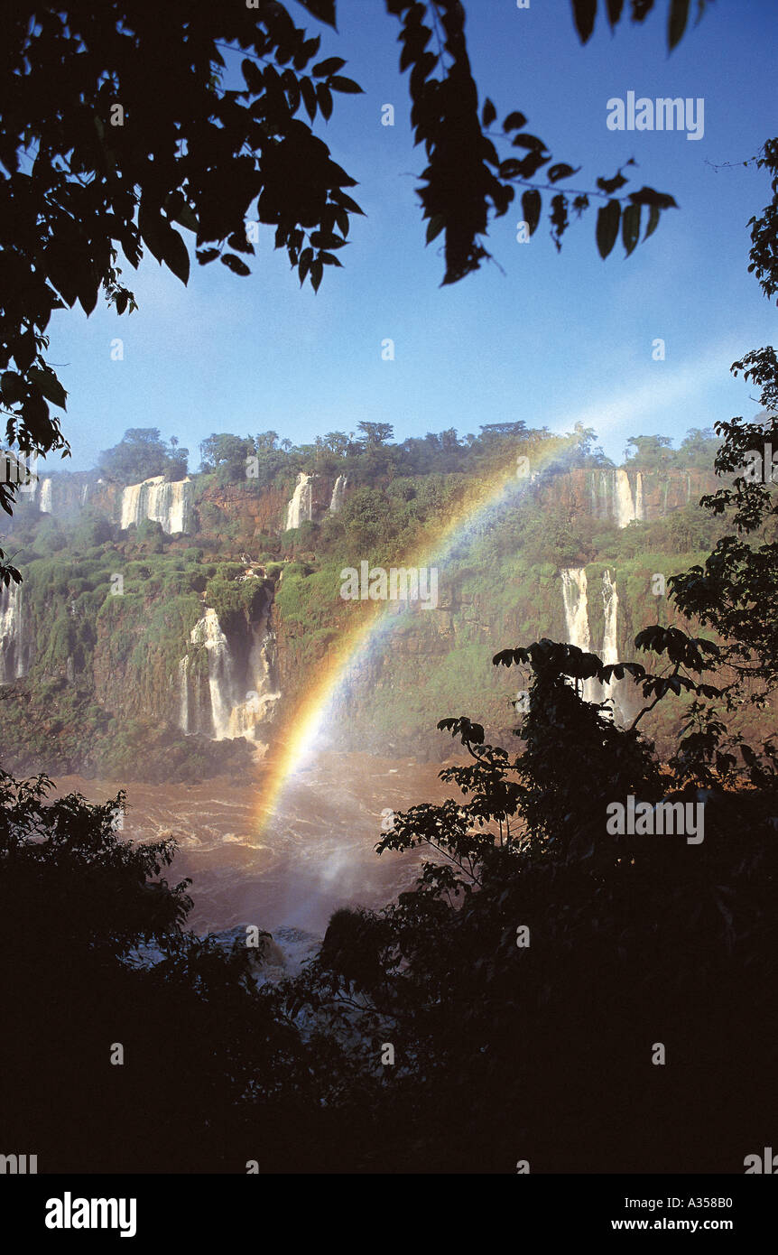 Iguassu Falls Brazil view of the waterfalls with a rainbow over them Parana State Stock Photo