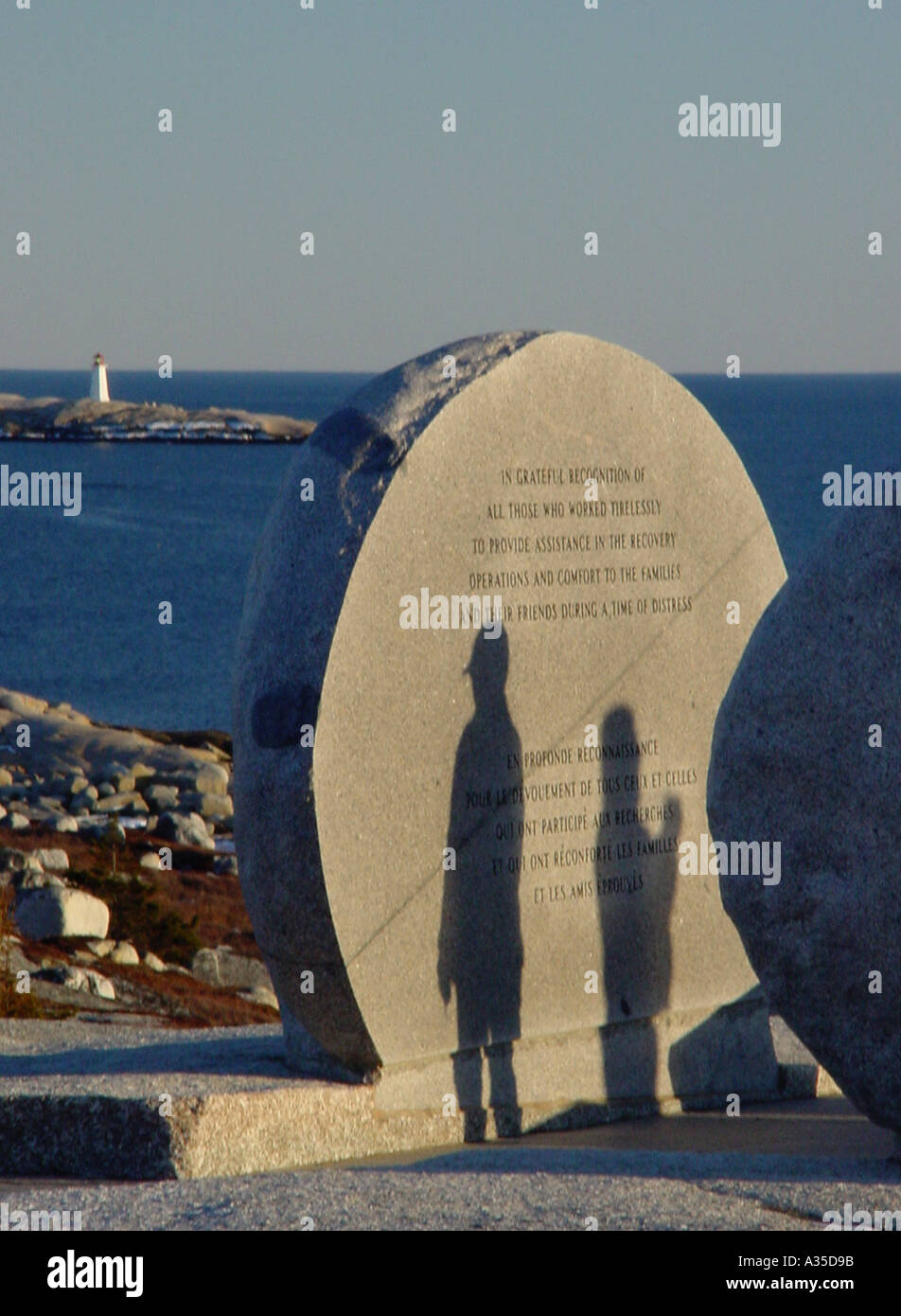 Shadows Swiss Air Flight 111 memorial monument Peggys Cove Nova Scotia Lighthouse Stock Photo