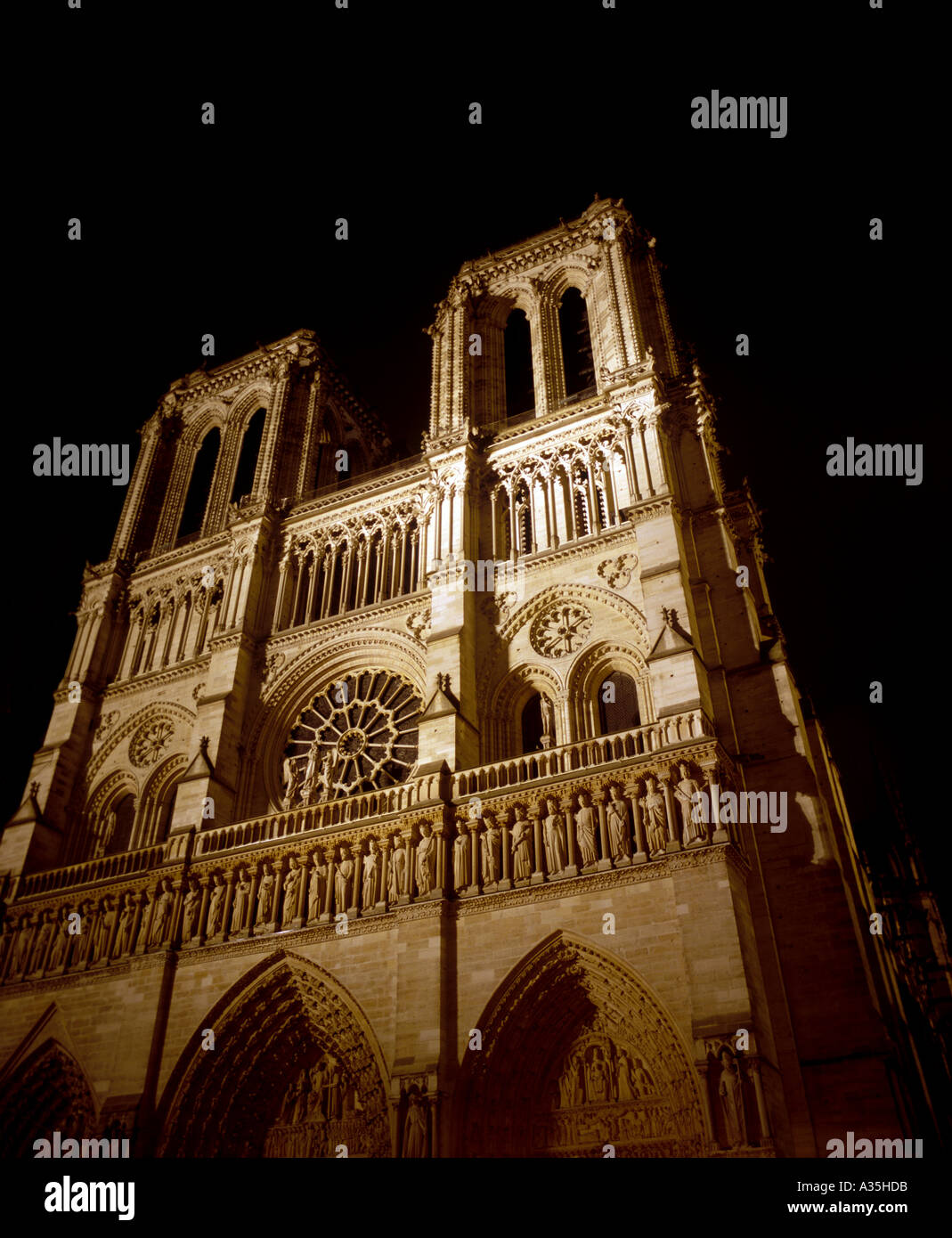 Looking up at Notre Dame Cathedral in Paris France prior to the devastating April 15, 2019 fire. Stock Photo
