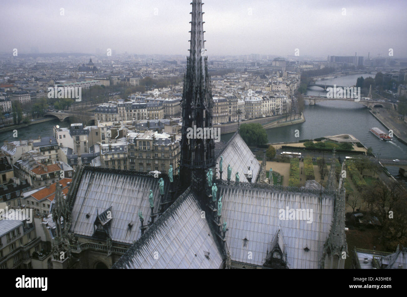 An eastward view of the spire of Notre Dame Cathedral of the city of Paris, prior to the devastating April 15, 2019 fire Stock Photo
