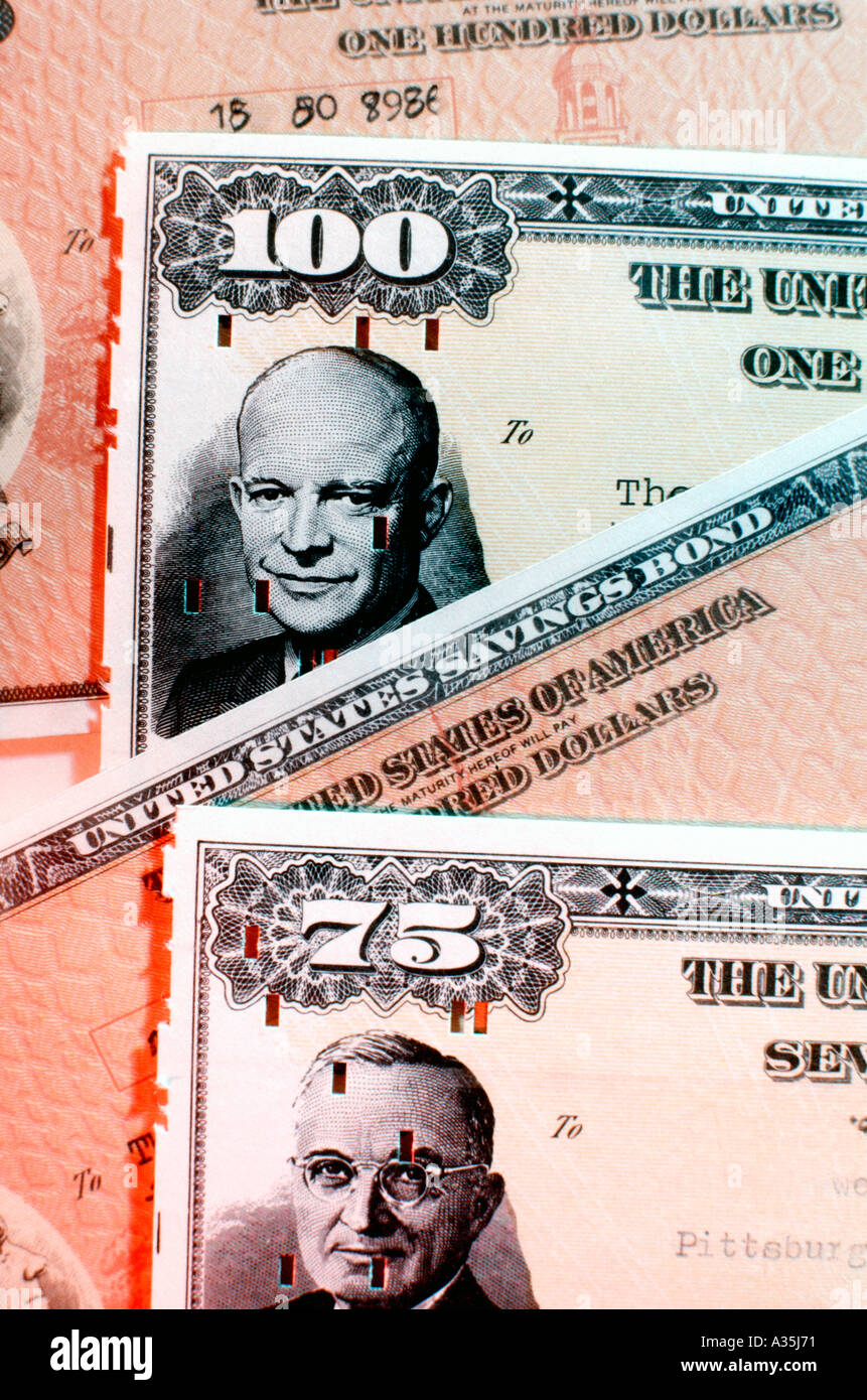 "U.S Savings Bonds" Notes in "U.S Dollars" "Investment Growth" Future "Close up" Stock Photo