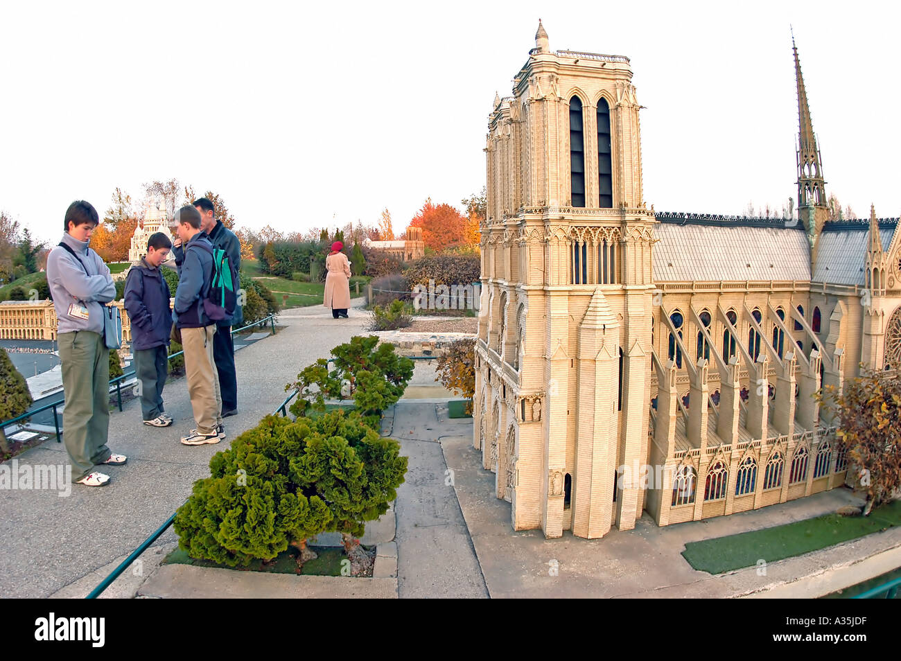 Elancourt, France, Group Family Visiting 'France Miniature' Theme Park, with Architectural Models French Monuments on DIsplay, notre dame paris, boys Stock Photo