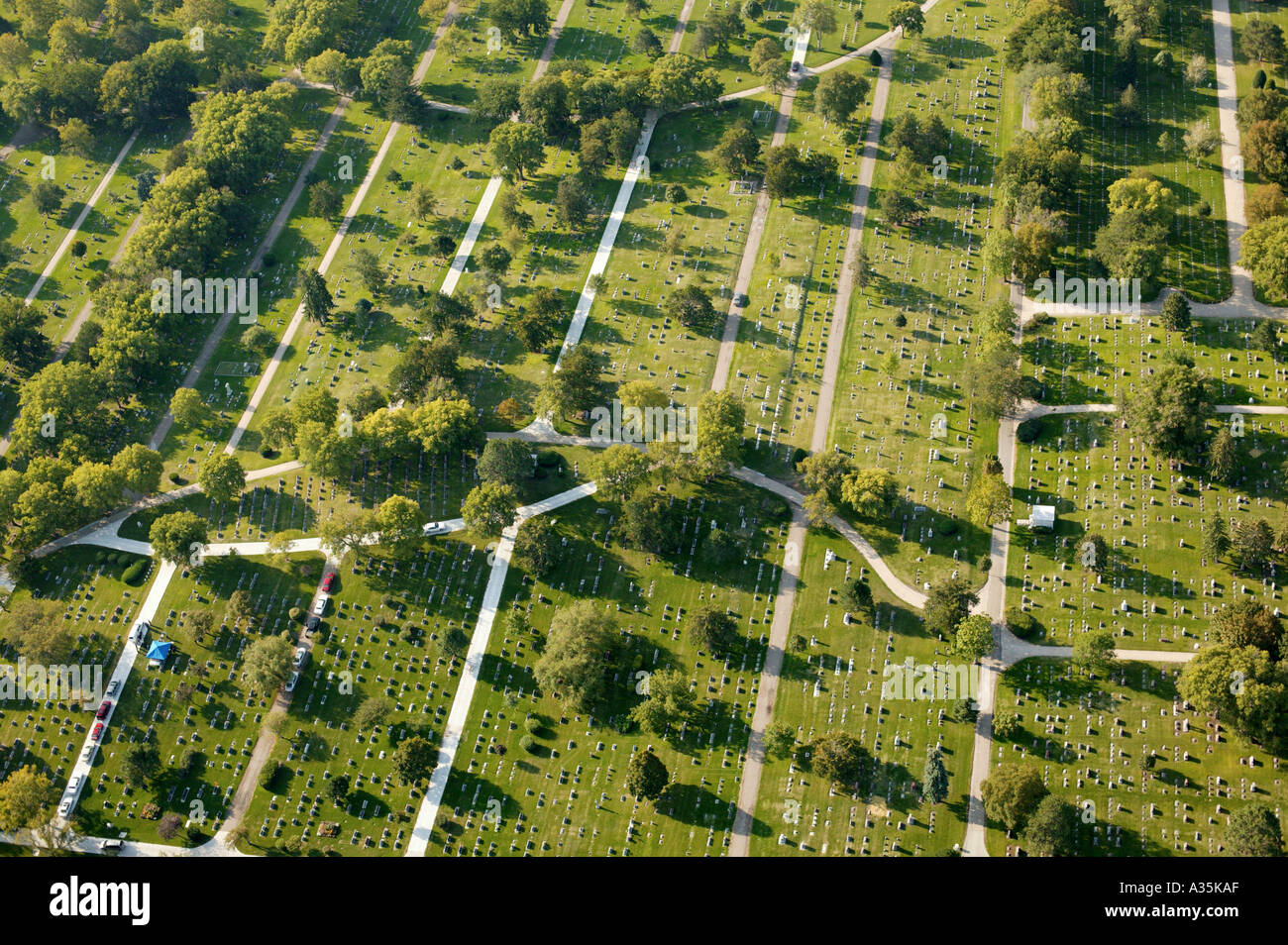 Aerial view of a cemetery with a funeral in process in Kearney