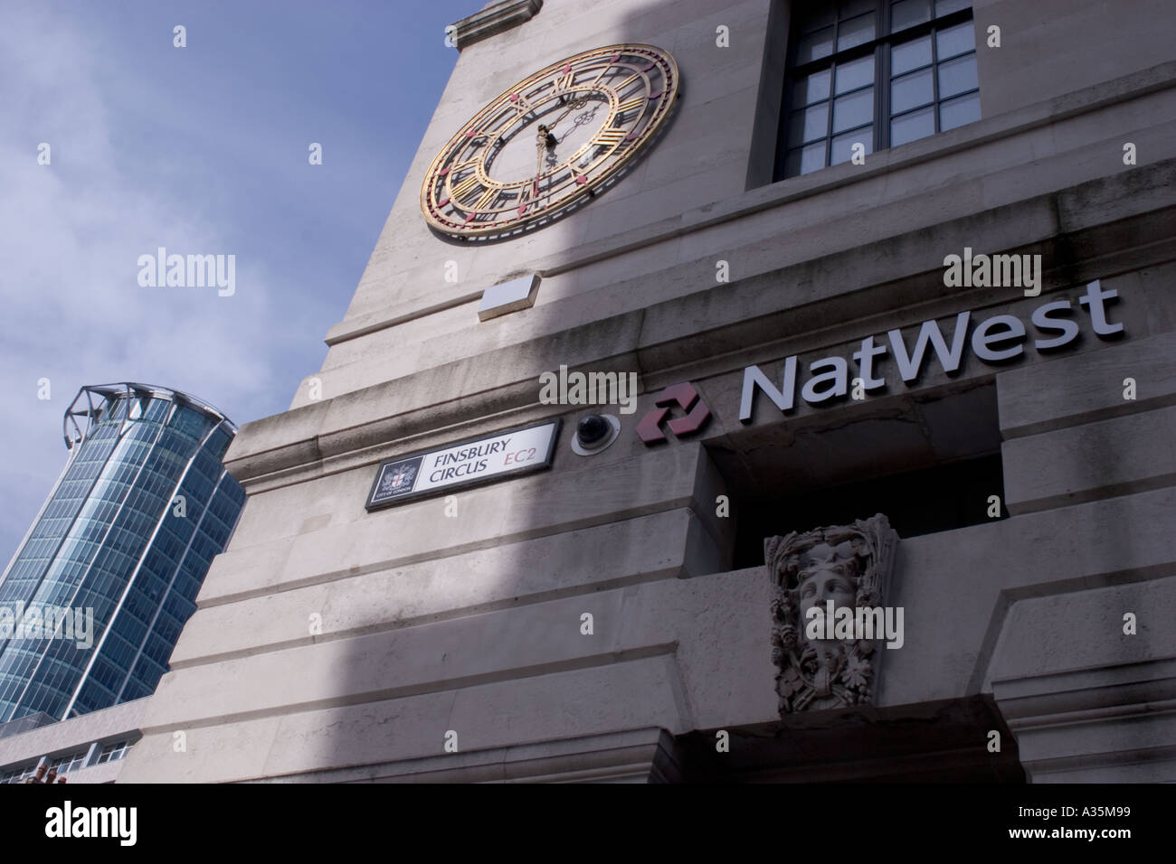 Natwest national westminster bank high street bank branch Moorgate city of London with clock and city view Stock Photo