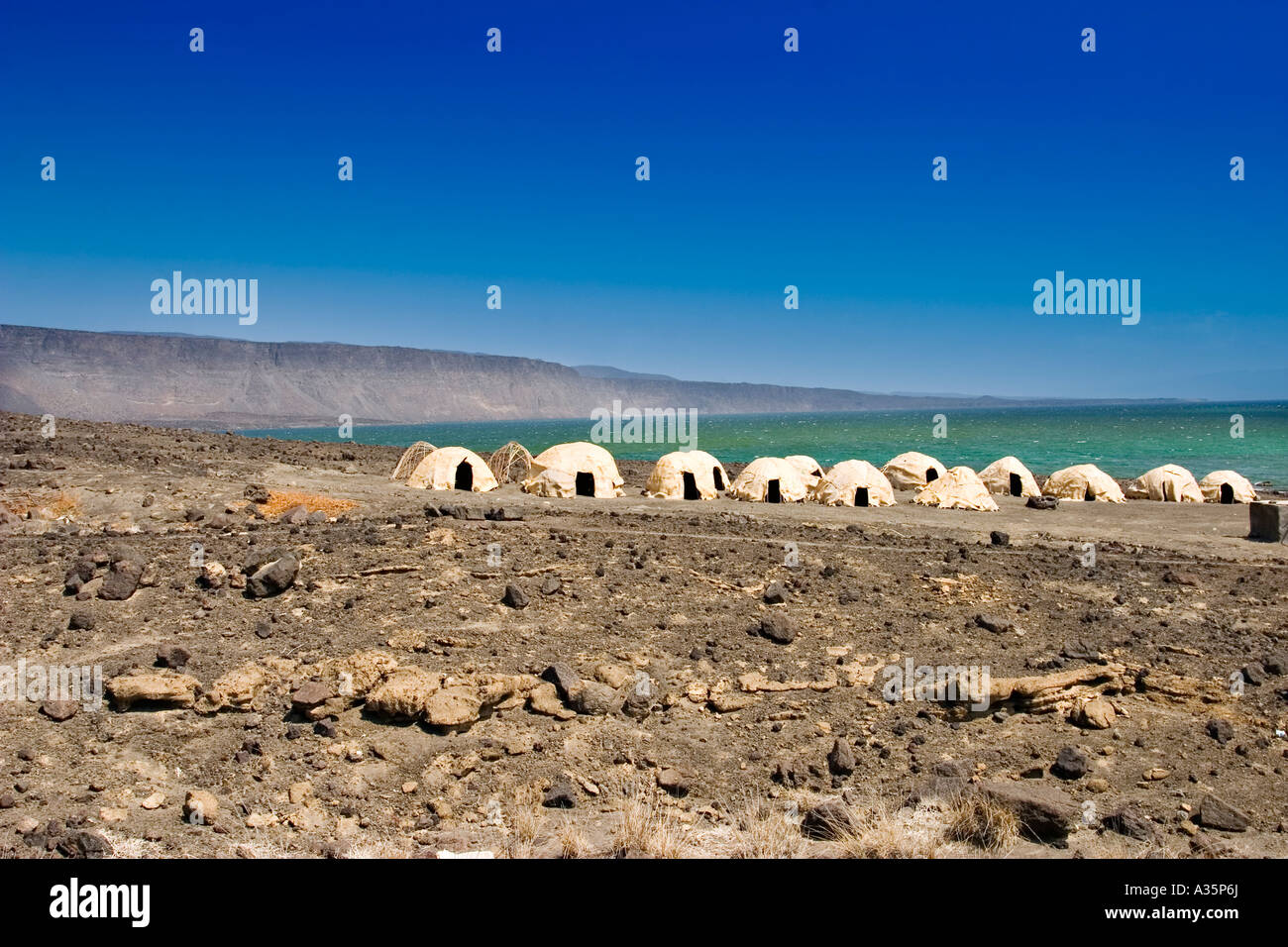Bay of Ghoubbet, Afar huts, Djibouti, Africa Stock Photo