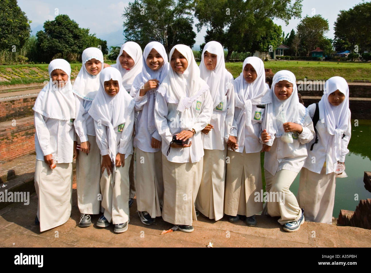 Muslim Indonesian girls at Candi Tikus, Java, Indonesia, Asia Stock ...