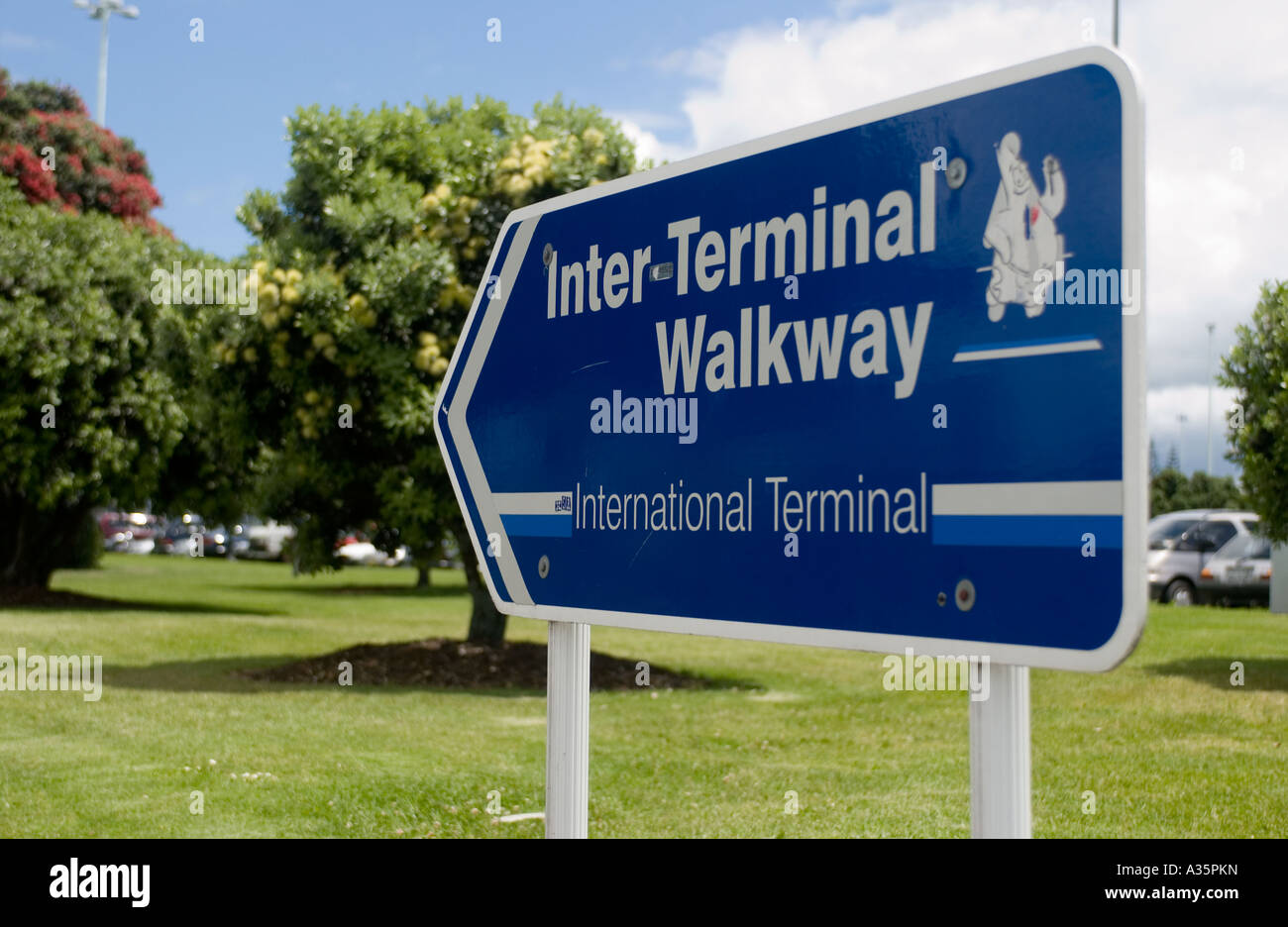 Airport sign for passengers, Auckland, New Zealand Stock Photo