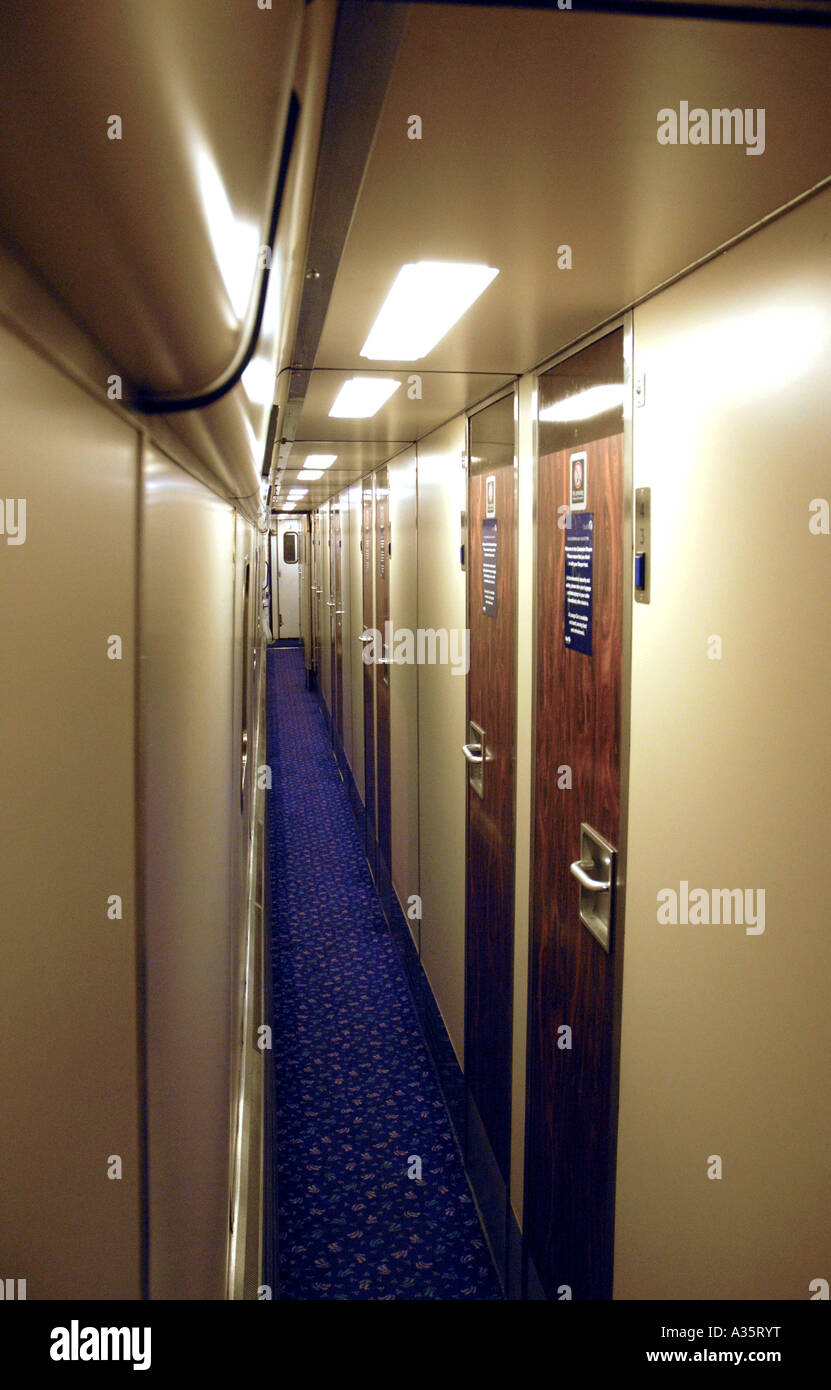 Corridor on a First ScotRail overnight sleeper train from Inverness to London Euston Stock Photo