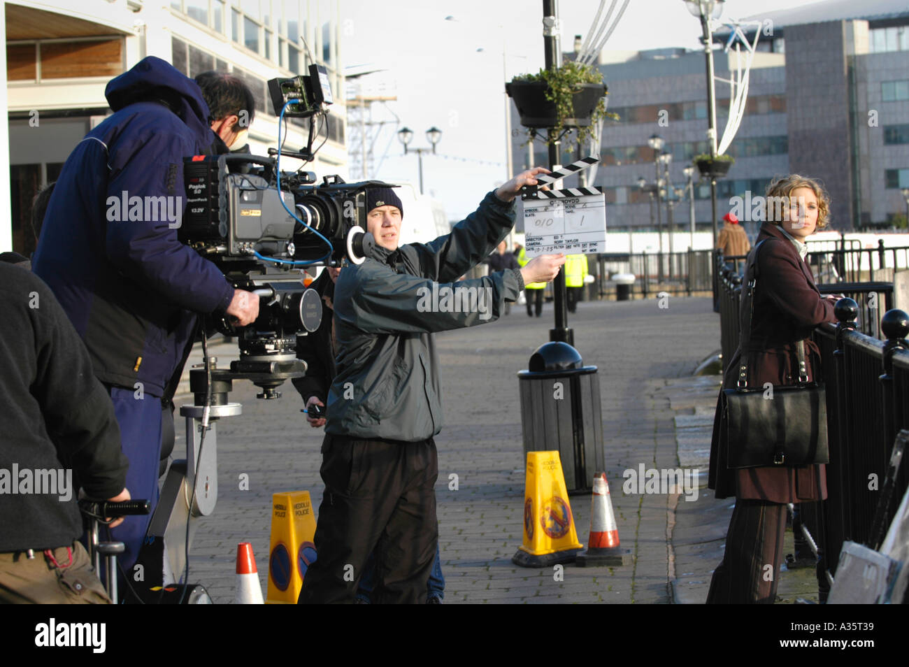 Scene from the S4C TV drama Caerdydd being filmed in Cardiff Bay South Wales UK Stock Photo