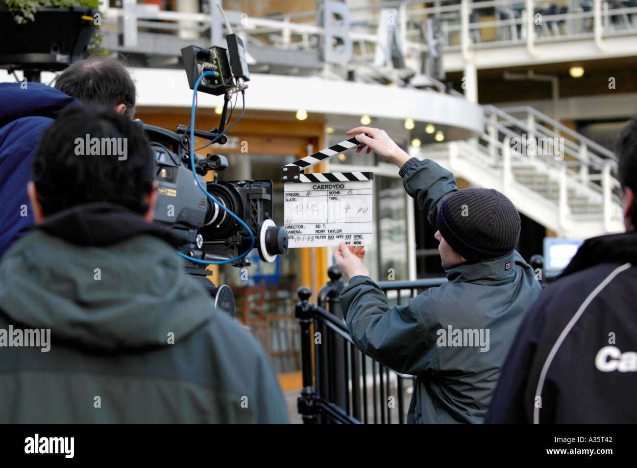 Scene from the S4C TV drama Caerdydd being filmed in Cardiff Bay South Wales UK Stock Photo