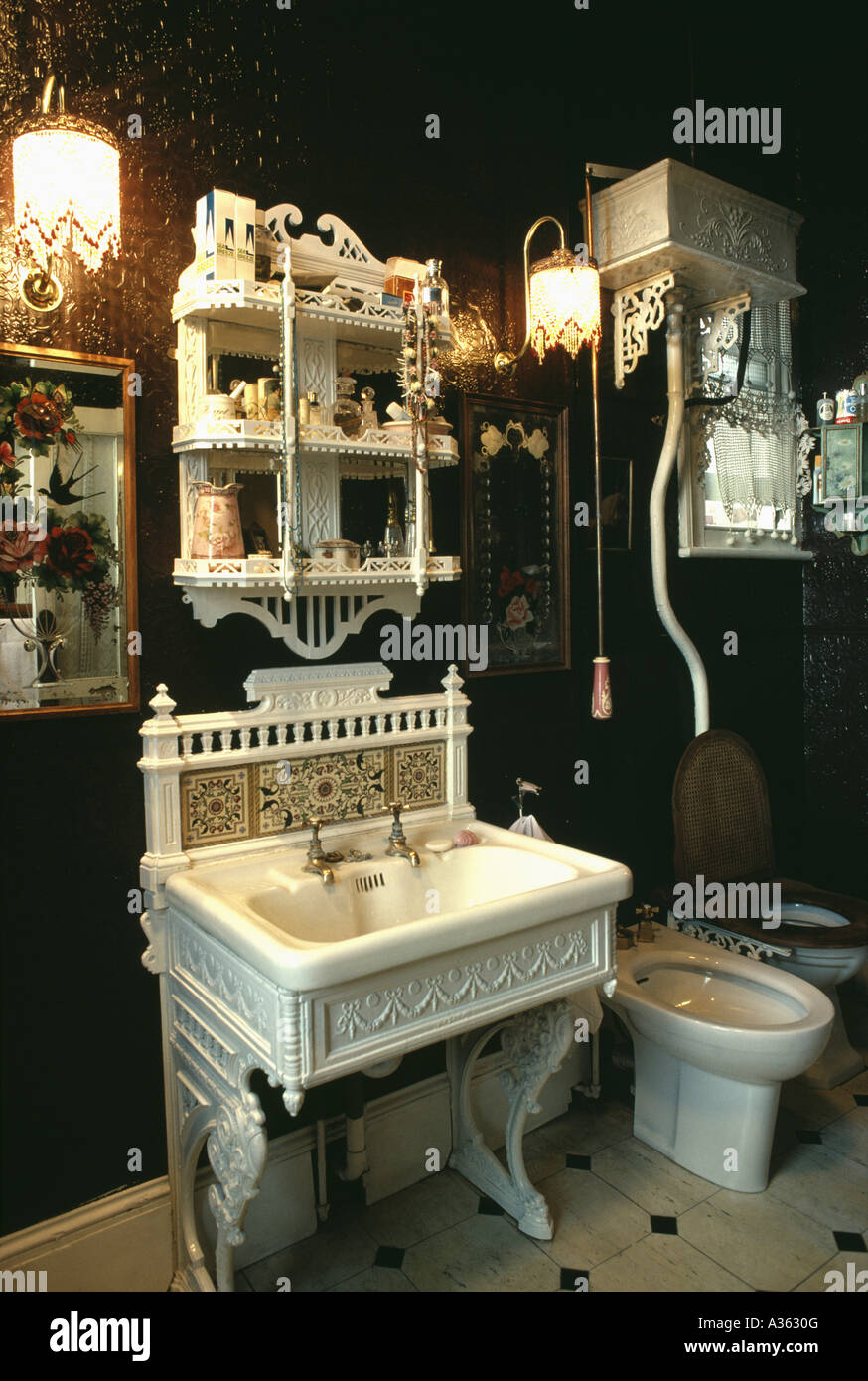 Antique Shelf Unit Above Victorian Basin In Bathroom With