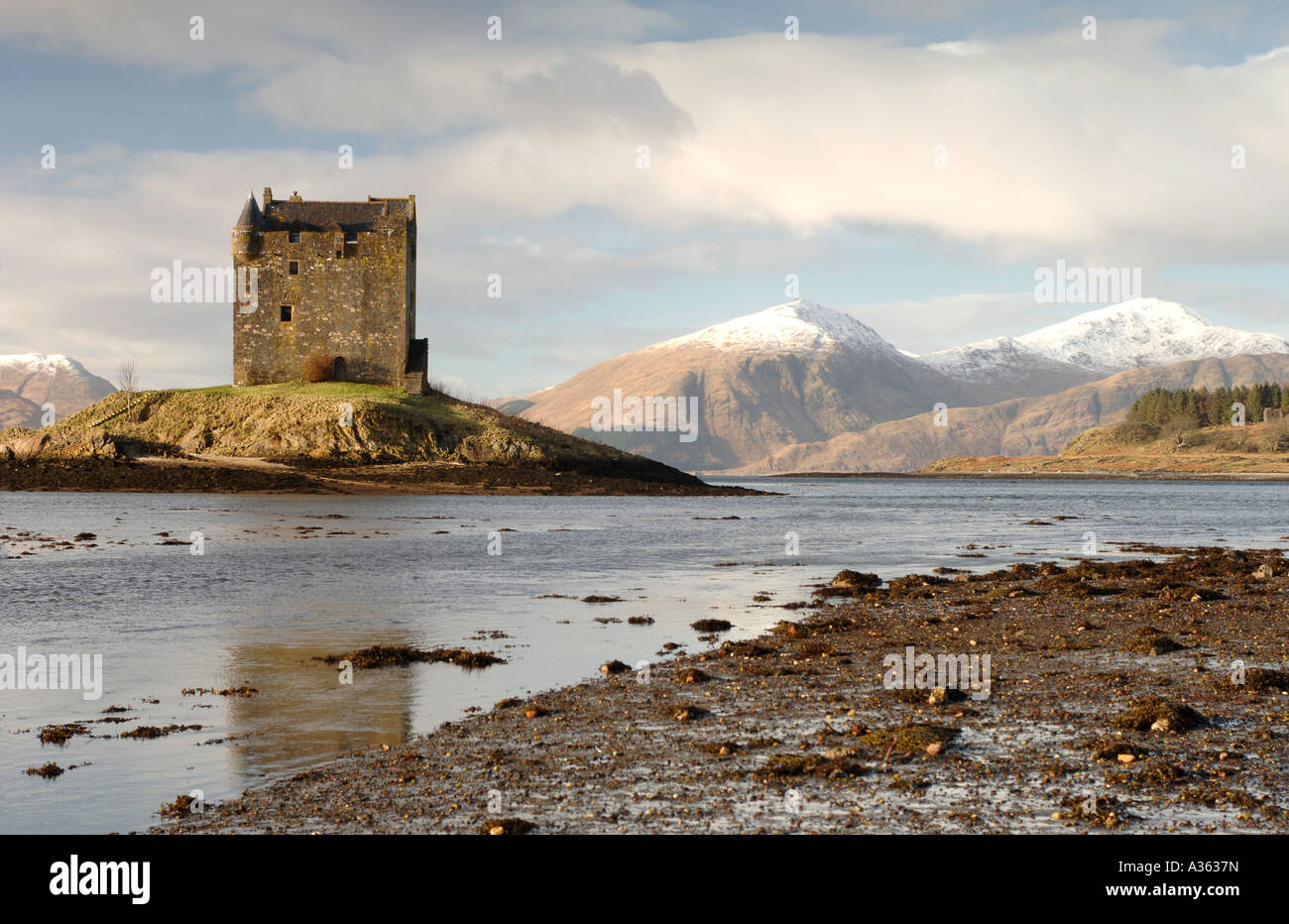 Castle Stalker  on Loch Linnhe in the Appin District of Argyll & Bute.  XPL 4571-431 Stock Photo