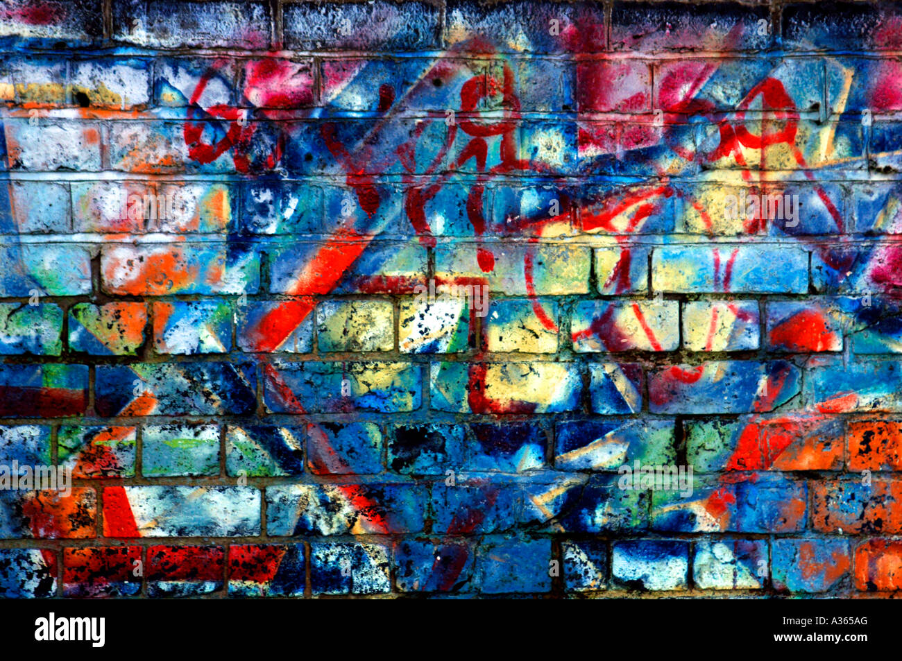 Colourful Graffiti Painted On A Brick Wall Using Aerosol Paint Cans