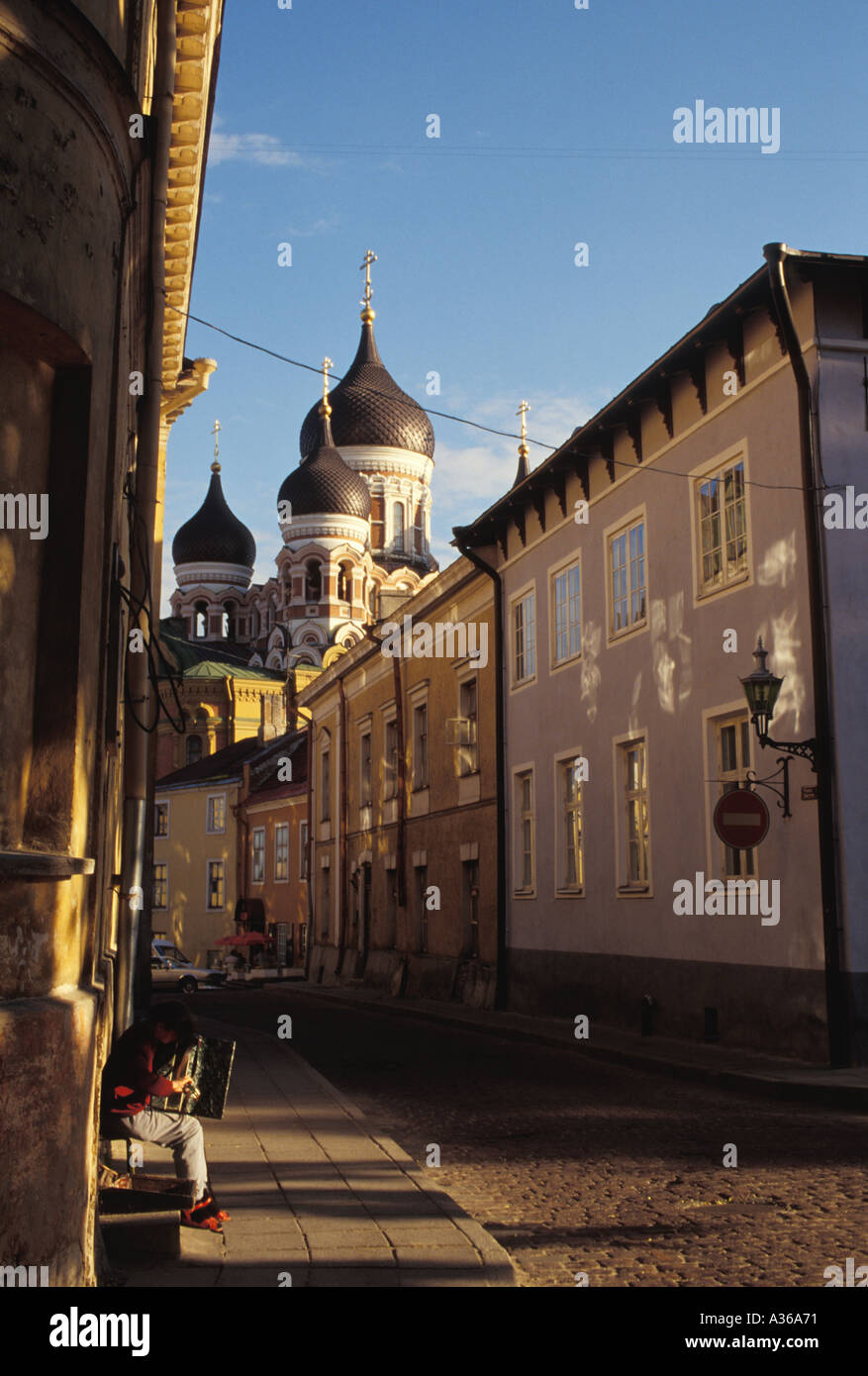 Estonia Tallinn accordian player view toward Saint Alexander Nevski Cathedral Russian Orthodox late 19th century Stock Photo