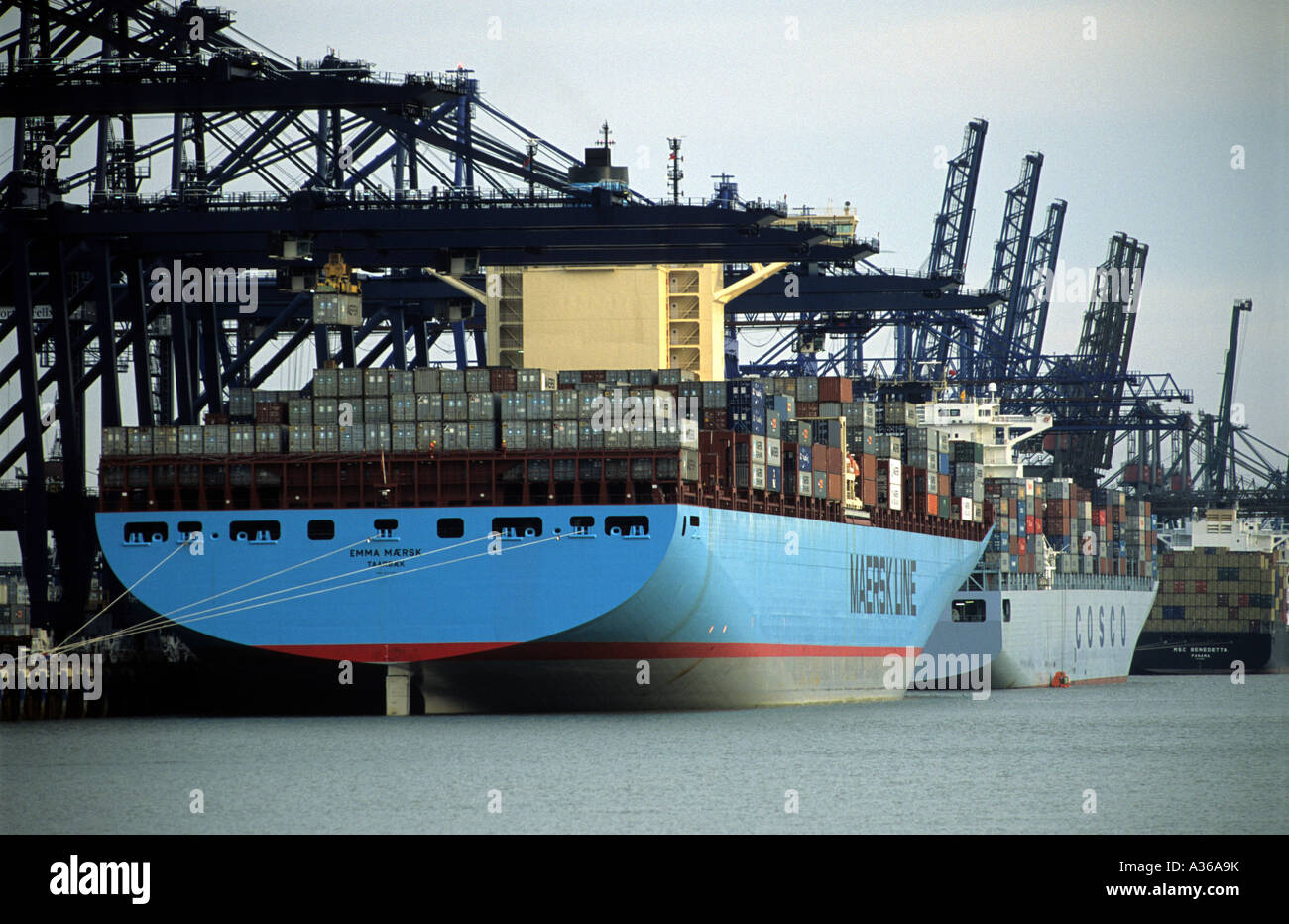 Emma Maersk, one of the world's largest container ship docked at Trinity Quay, port of Felixstowe in Suffolk, UK. Stock Photo