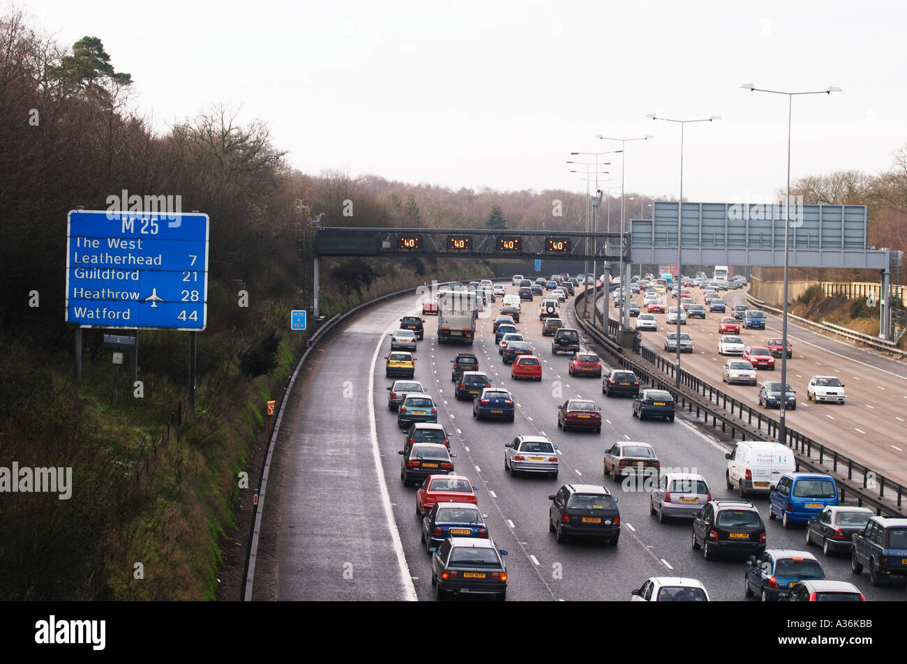 M25 at Junction 8 Reigate Hill blocked with another traffic jam Stock