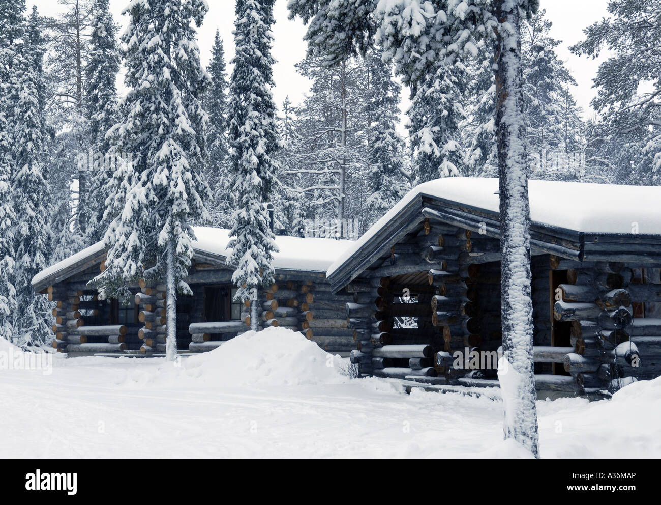 Log Cabins, Yllas, Lapland. Stock Photo