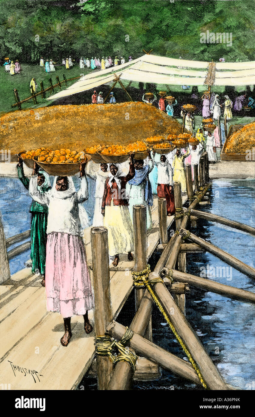 Native women loading oranges on a ship at San Antonio Paraguay 1890s. Hand-colored halftone of an illustration Stock Photo