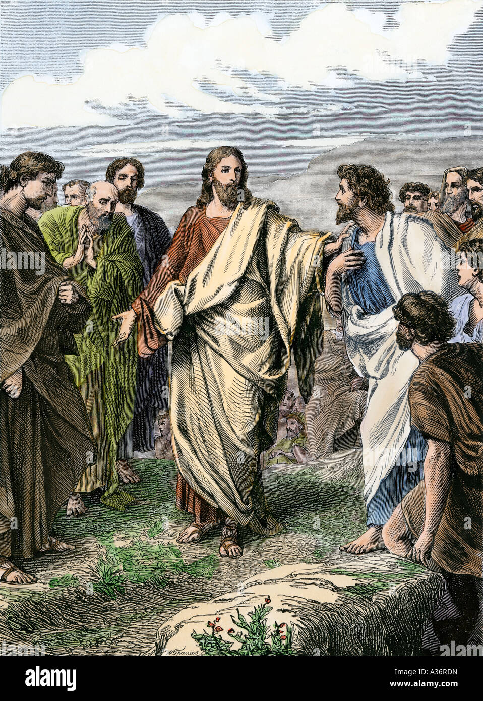 Jesus choosing the Apostles. Hand-colored woodcut Stock Photo