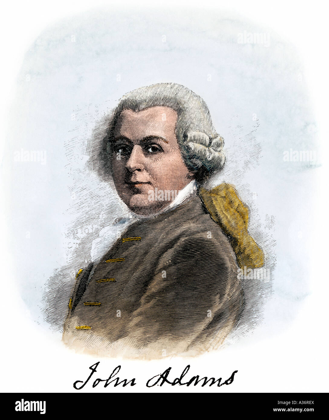 Young John Adams in powdered wig with his autograph. Hand-colored woodcut Stock Photo