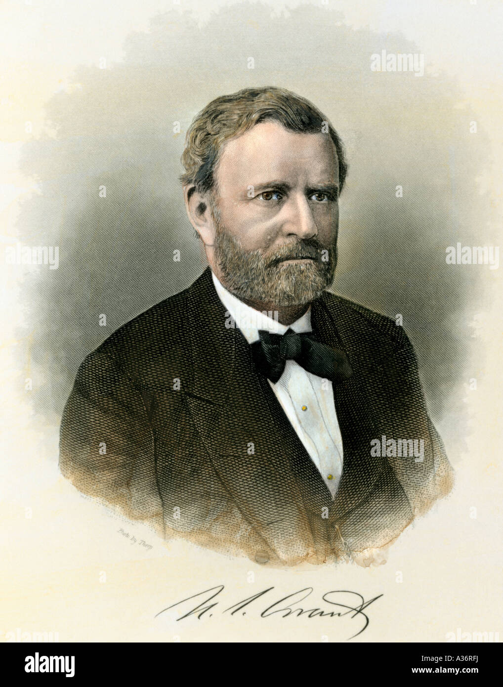 President Ulysses S Grant with autograph. Hand-colored steel engraving Stock Photo