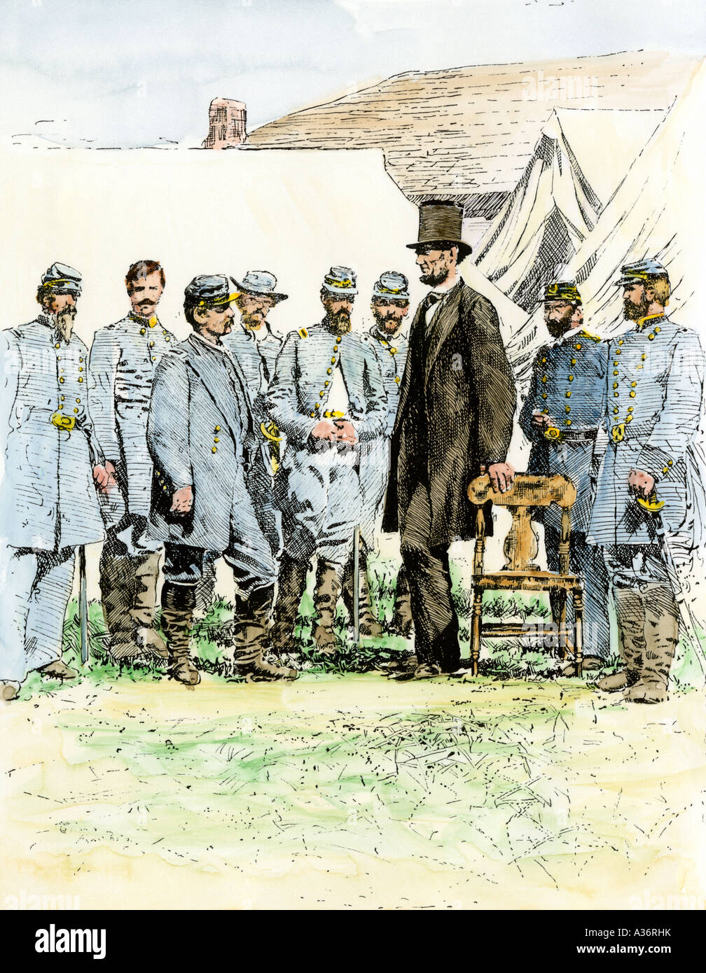 President Abraham Lincoln meeting with General George McClellan at his Antietam field headquarters  1862. Hand-colored woodcut Stock Photo