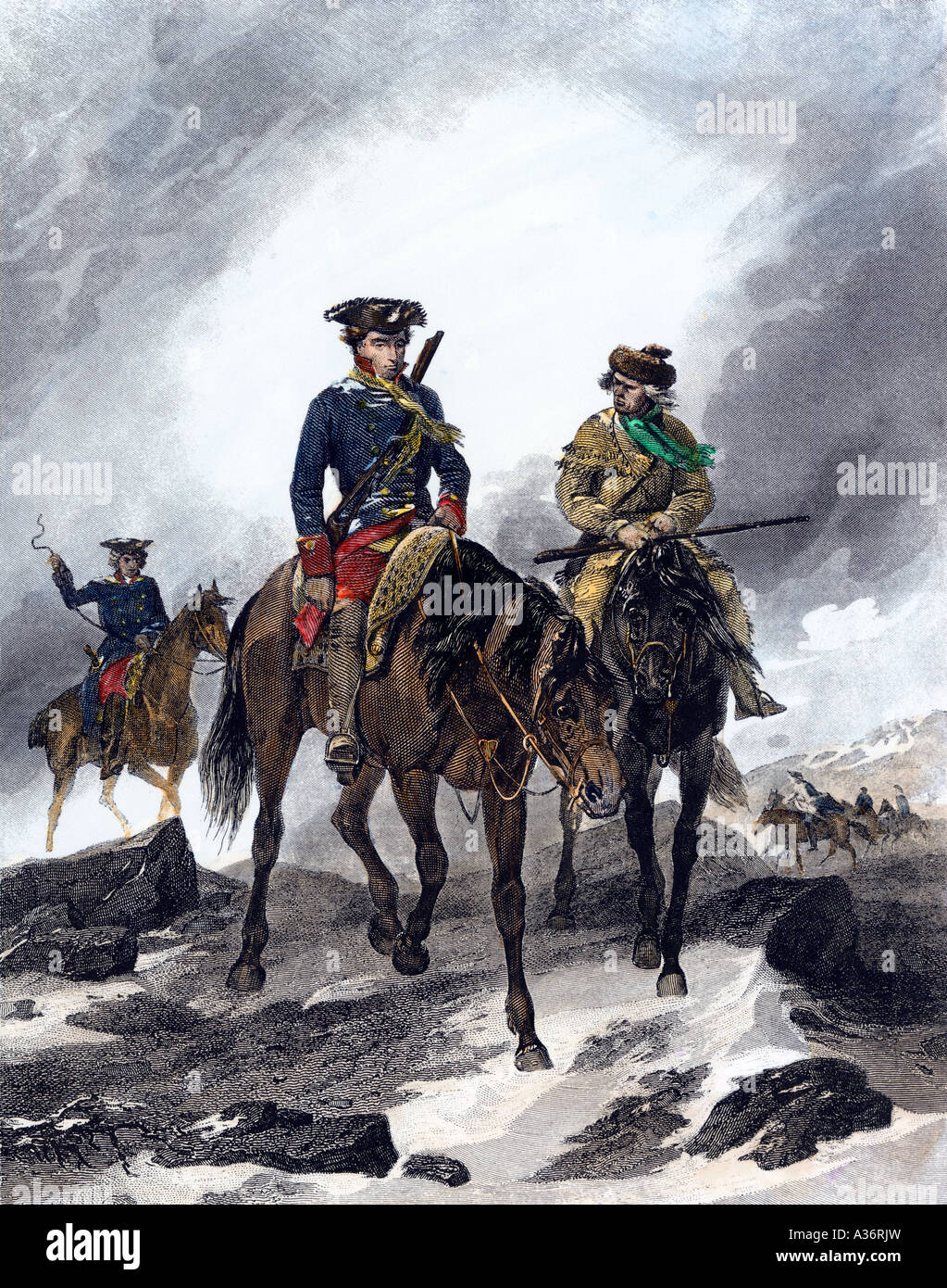 George Washington on a mission to the Ohio River valley during the French and Indian War 1750s. Hand-colored steel engraving Stock Photo