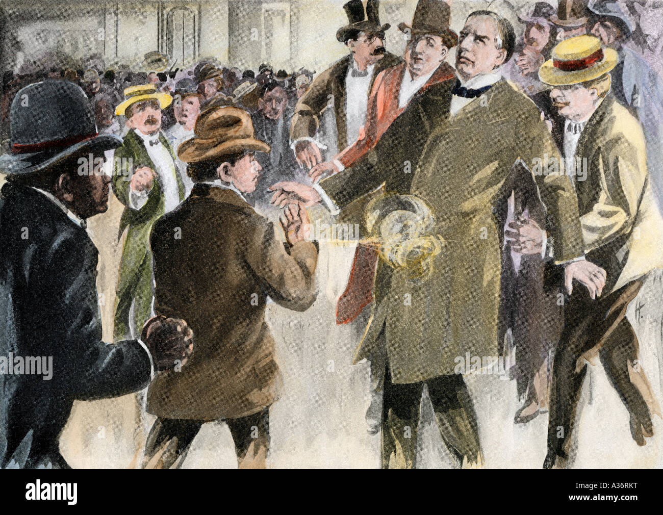 Assassination of President William McKinley by anarchist Leon Czolgosz at Buffalo New York in 1901. Hand-colored halftone of an illustration Stock Photo