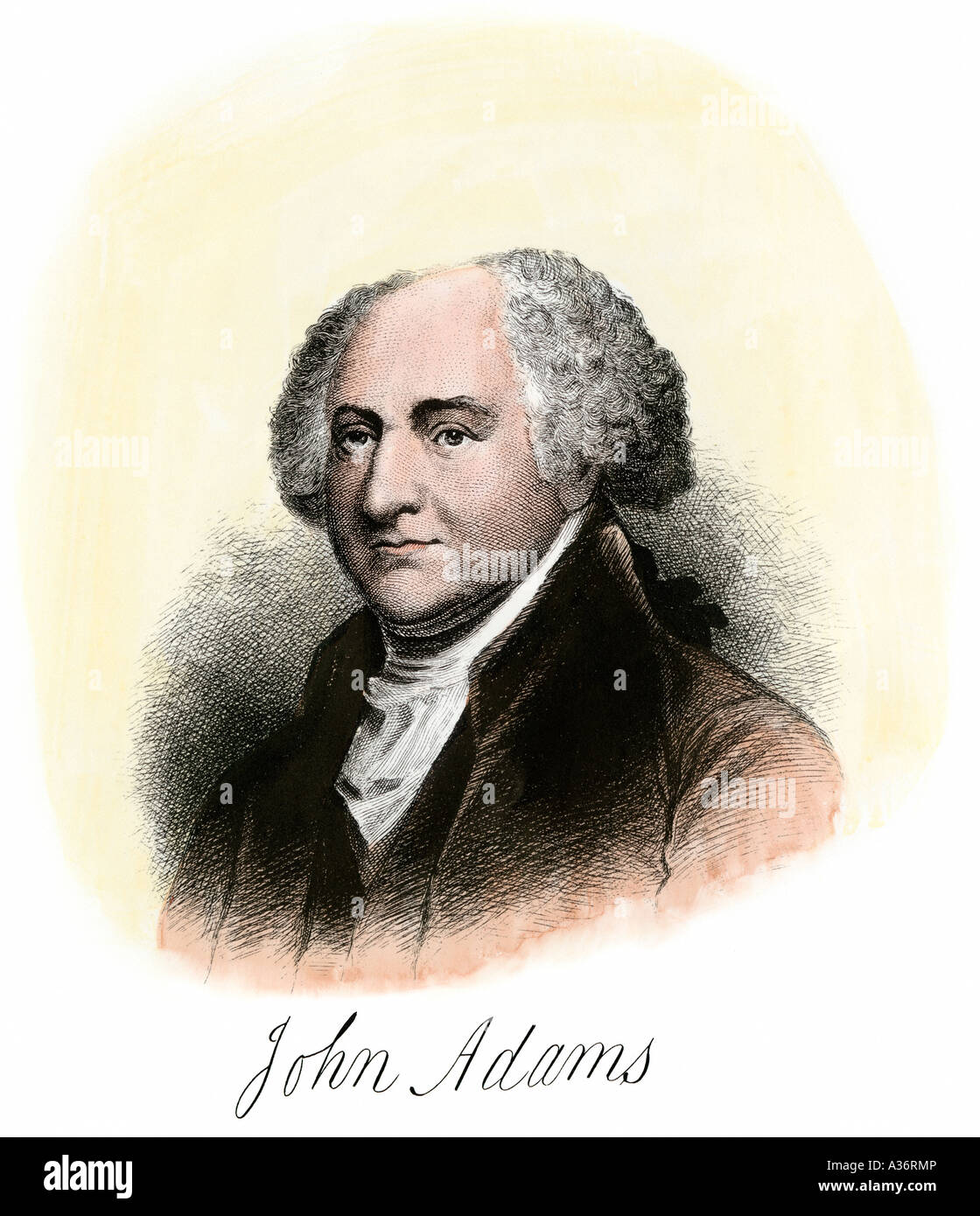 John Adams with signature. Hand-colored steel engraving Stock Photo