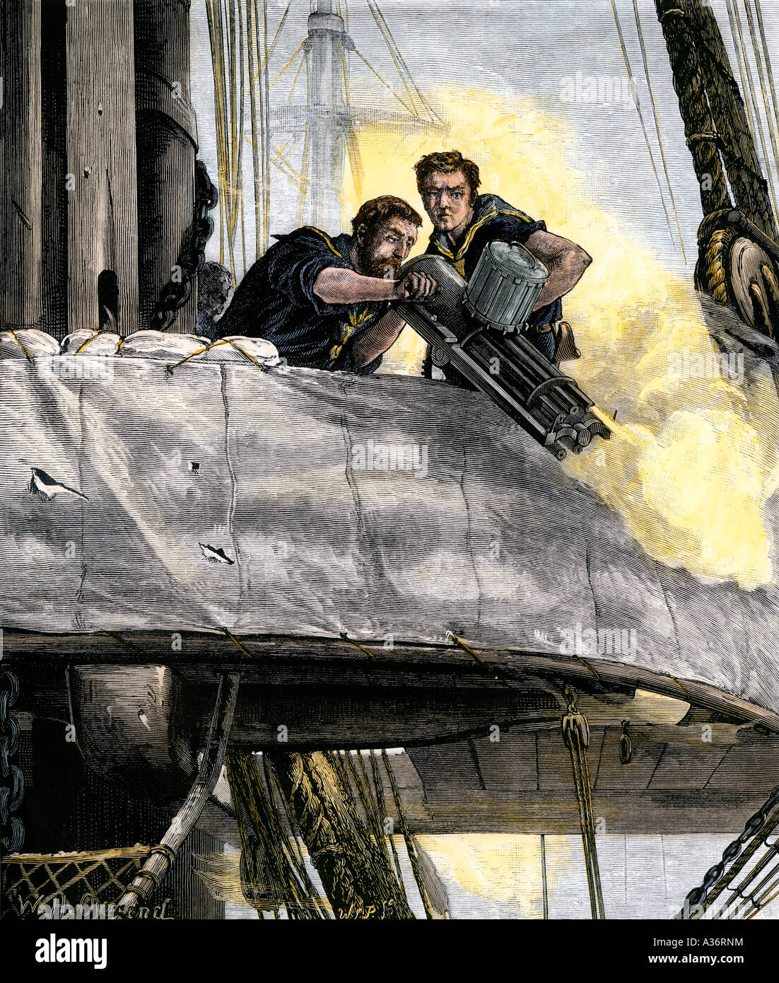 Gatling gun in use by the Royal Navy 1878. Hand-colored woodcut Stock Photo