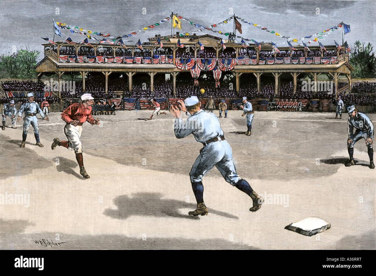 Double play in the first major league baseball game of 1886 New York Giants vs Boston Beaneaters. Hand-colored woodcut Stock Photo