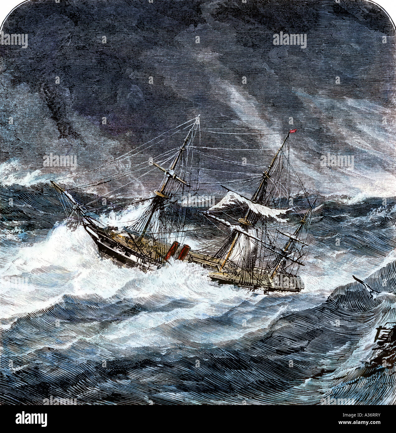 Steamship HMS Galatea in a storm 1800s. Hand-colored woodcut Stock Photo
