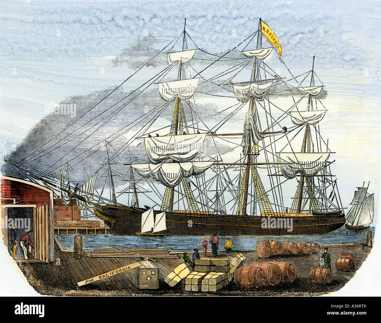 Clipper ship R B Forbes of Boston taking on cargo for voyage to California 1851. Hand-colored woodcut Stock Photo