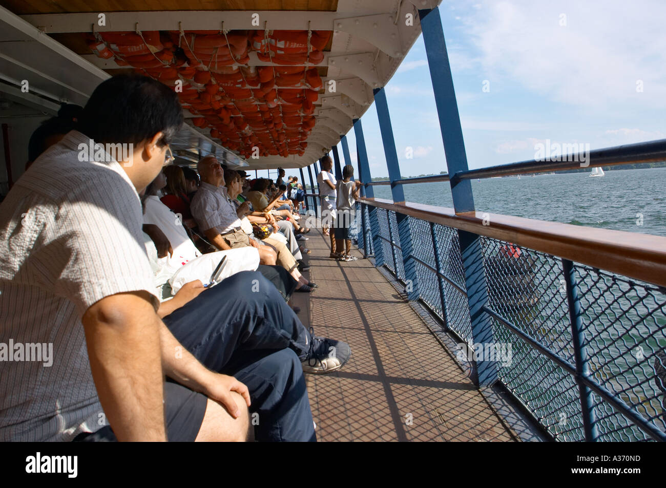 View of the interior and passengers of the Toronto Islands ferry. Stock Photo
