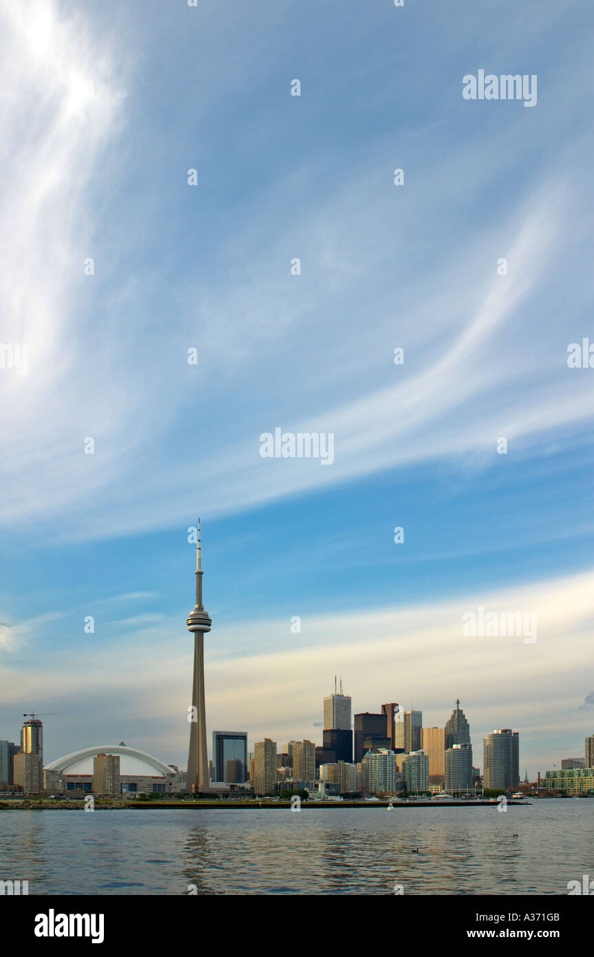Toronto skyline against natural fantastic-looking sky. View from the Toronto islands across lake Ontario. Stock Photo